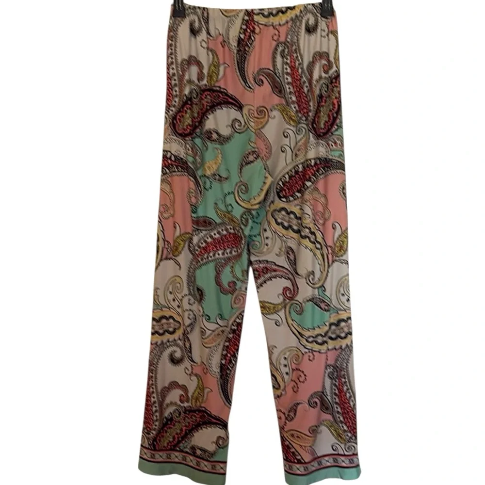 Melissa Paige wide leg/palazzo style pants, paisley print, pink/teal/ white, L
